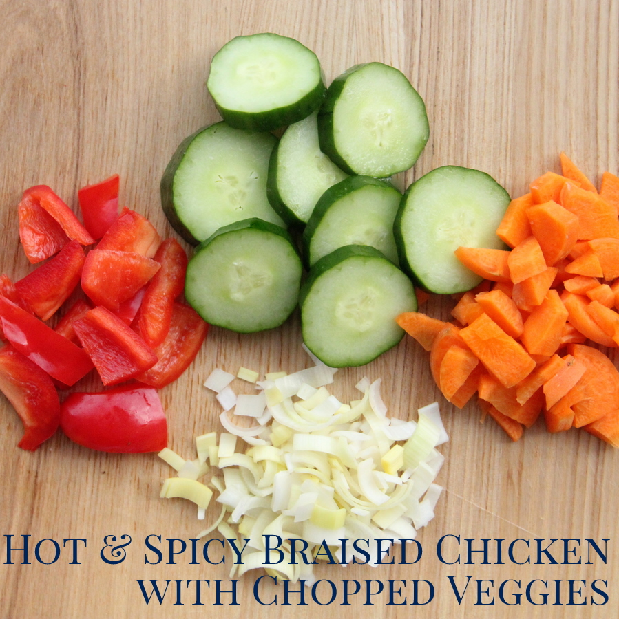 freezer crockpot dinner recipe- hot and spicy peanut chicken with chopped veggies