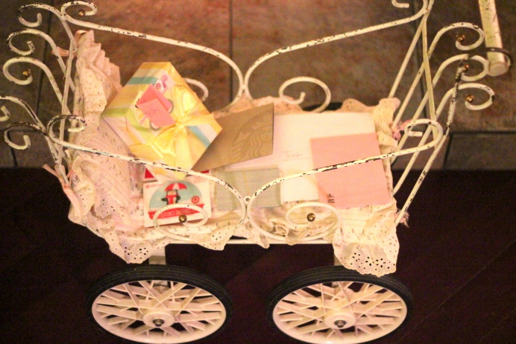 vintage baby buggy, chocolate themed baby shower