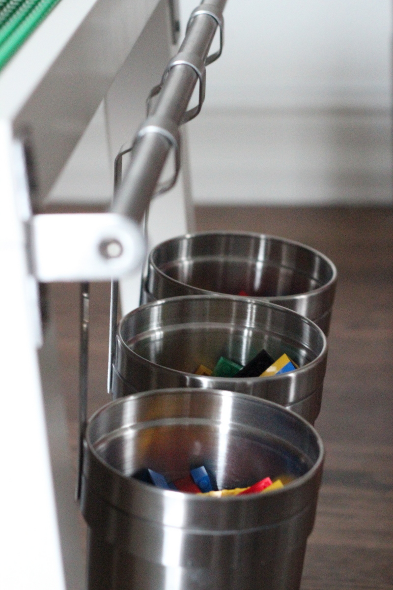 lego table with hanging buckets