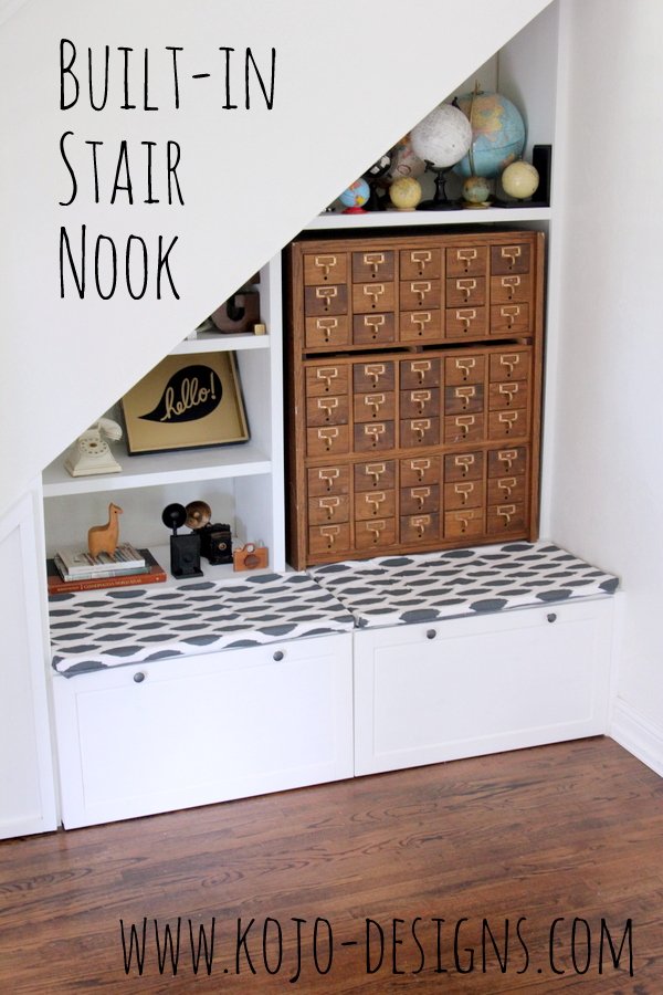 Put that awkward space under the stairs to good use- add built in book shelves, a bench and a small closet