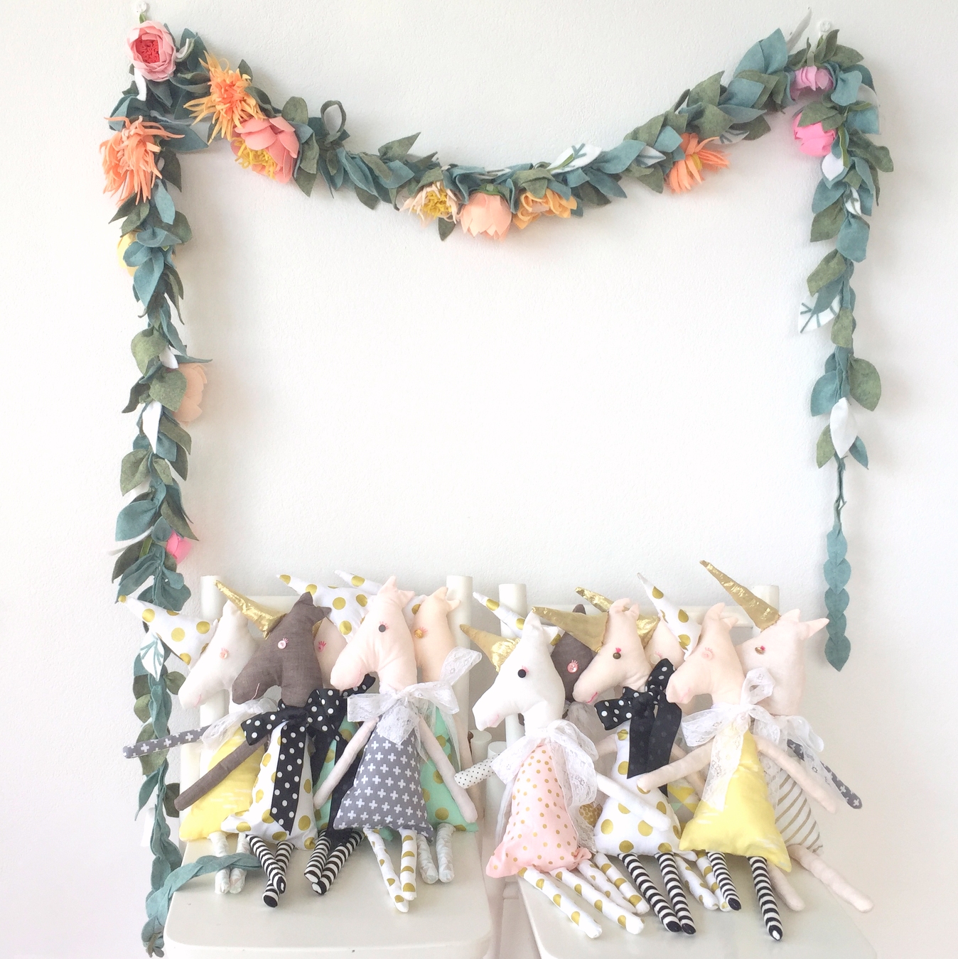 a whole pile of handmade unicorns (and the most beautiful felt floral garland!)