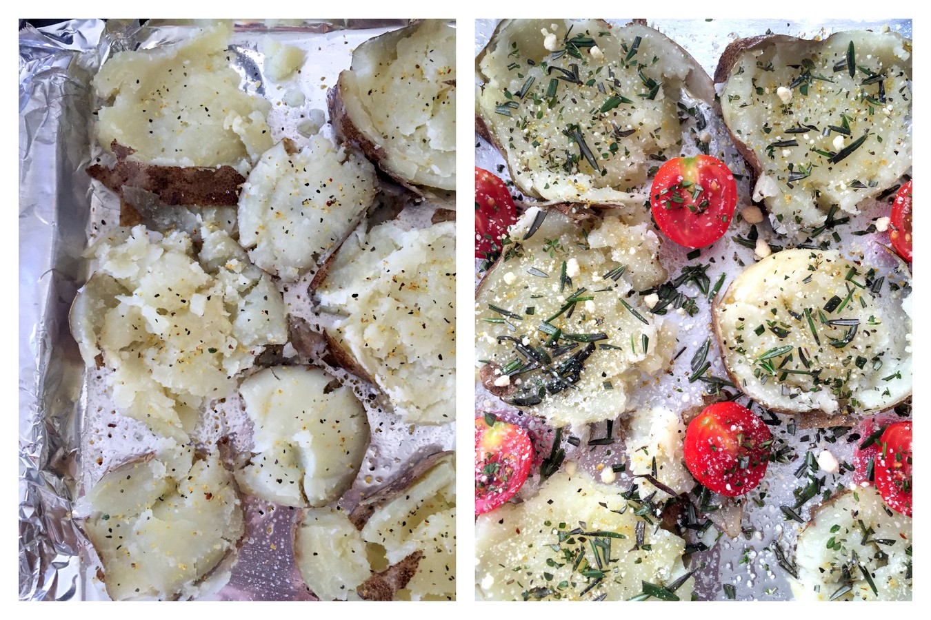 parmesan herb smash potato recipe- crispy and herb-y and YUMMY