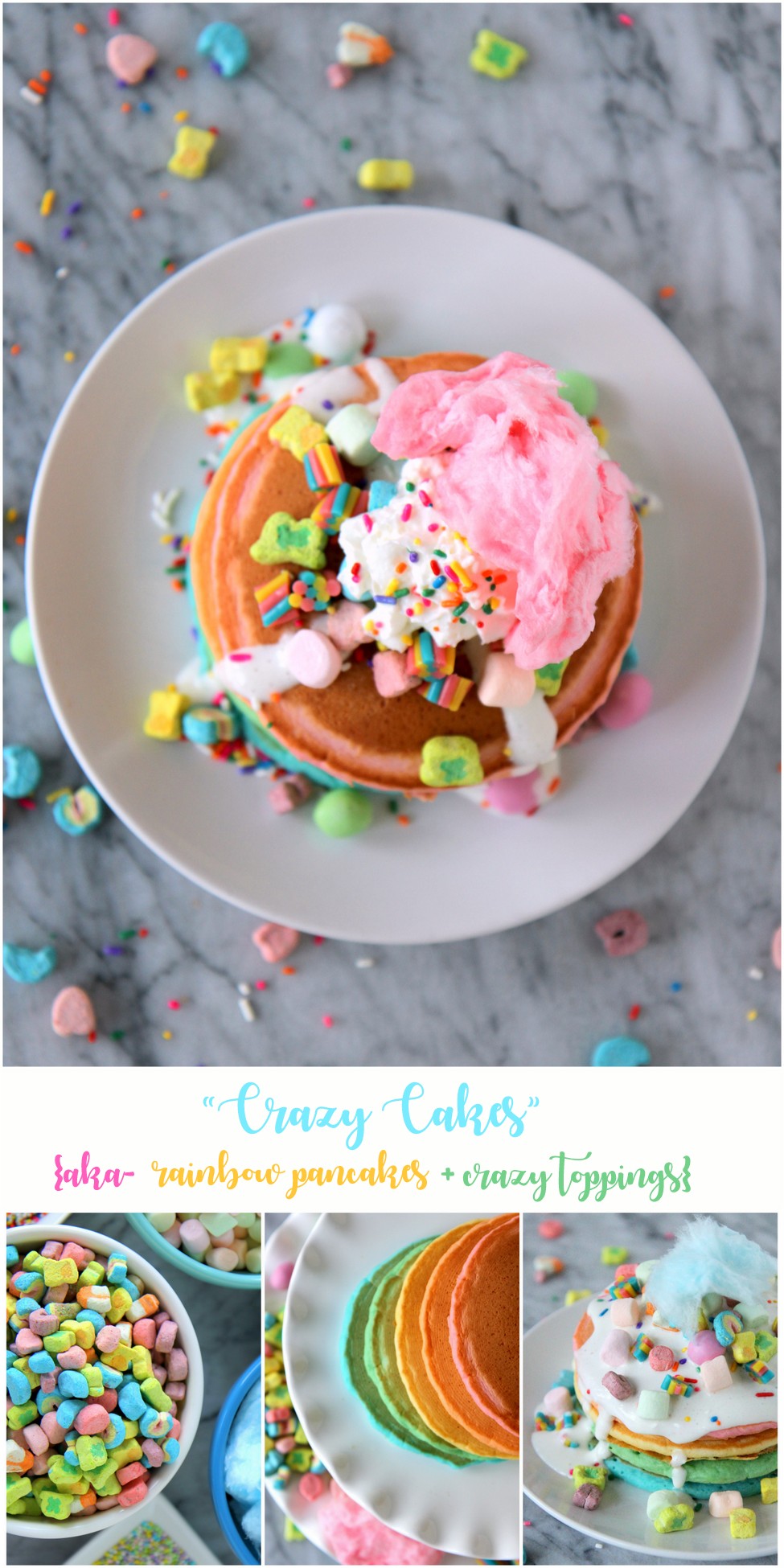 The perfect pancakes for a big (dessert) celebration (aka "crazy cakes")... a stack of rainbow pancakes with a pile of wild toppings!