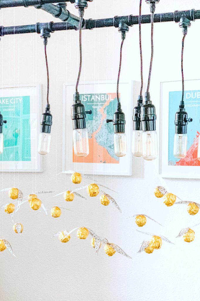 DIY hanging golden snitches- harry potter party
