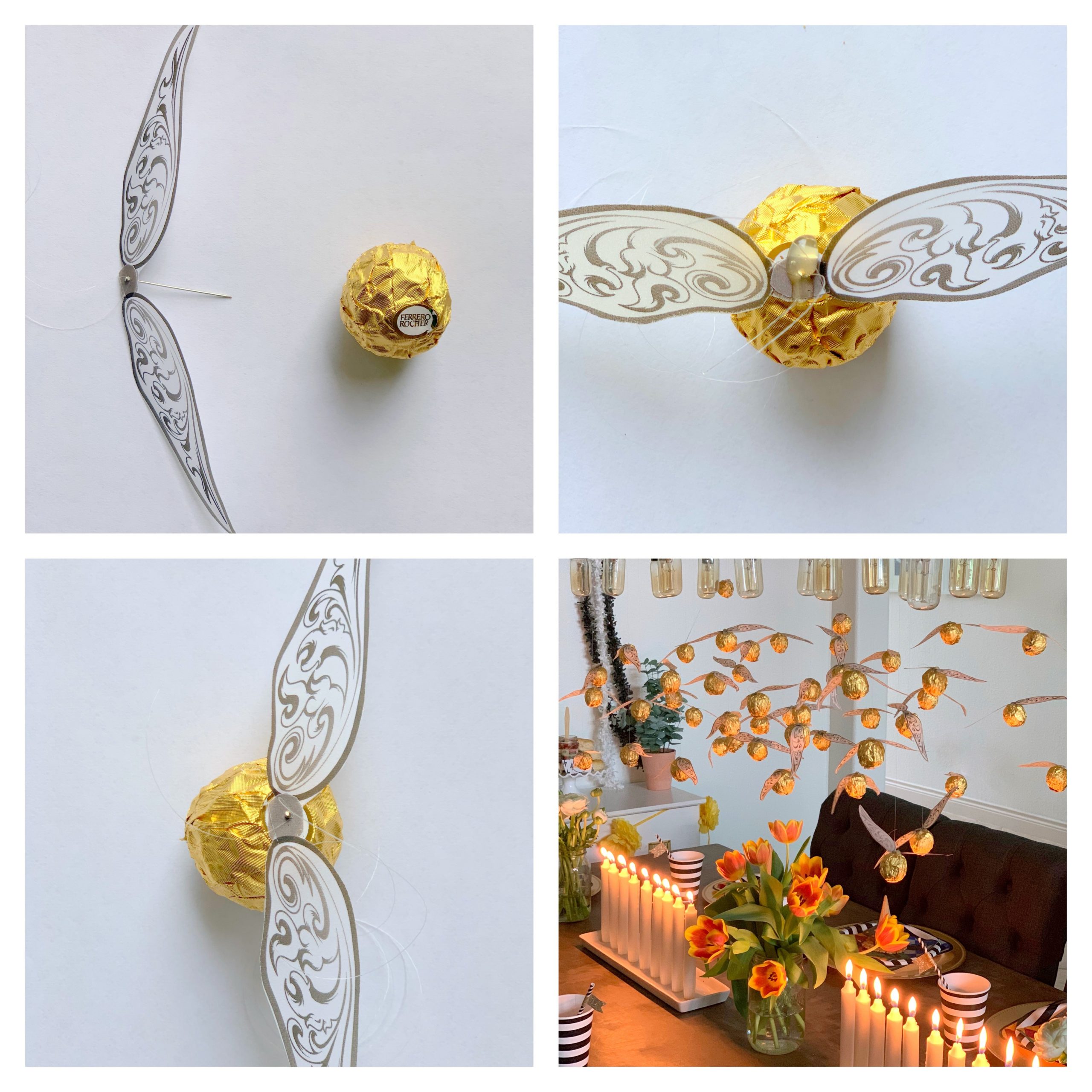 DIY hanging golden snitches- harry potter party